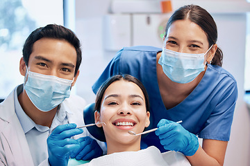 Image showing Portrait of dentist and woman in consultation for teeth whitening, service and dental care. Healthcare, dentistry and orthodontist with equipment for patient for oral hygiene, wellness and cleaning