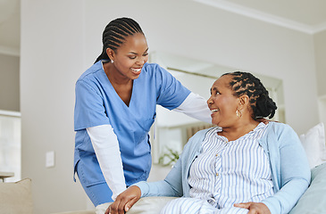 Image showing Nurse woman, senior patient and talking for support, healthcare and happiness at retirement home. Black person and happy caregiver together for trust, elderly care and help for health and wellness