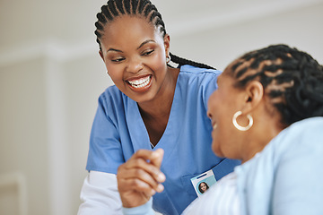 Image showing Senior patient, laughing and woman nurse together for support, healthcare and happiness. Black person and happy caregiver in retirement home for trust, elderly care and help for health and wellness