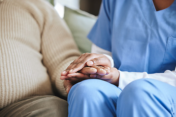 Image showing Man, nurse and holding hands for support, healthcare and kindness at nursing home. Patient, caregiver service and closeup woman together for trust, homecare and help or hope for empathy in retirement