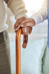 Image showing Elderly patient, cane and nurse holding hands for support, healthcare and kindness at nursing home. Senior person and caregiver together for homecare, rehabilitation or help for health in retirement