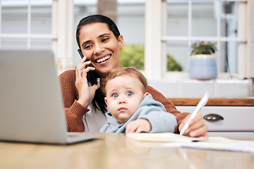 Image showing Call, baby and work from home mom with phone, child care and virtual assistant job or family support in multitask. Laptop, cellphone and busy online mother or happy person and kid in freelance career