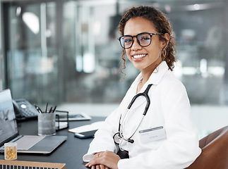 Image showing Woman in portrait, doctor and smile with medicine, healthcare and cardiology surgeon in office. Happy female medical professional, hospital consulting and positive face with glasses at clinic