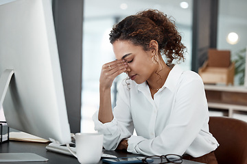 Image showing Business woman with headache, stress and mental health with professional crisis, pain and fatigue at office. Problem in workplace, fail and female employee is frustrated with migraine and burnout