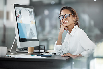 Image showing Happy woman at desk, computer screen with web design, portrait and website layout at digital marketing agency. Female creative with smile, working with technology and SEO with research at startup