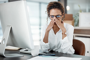 Image showing Business woman with headache, stress and burnout with pain, mental health and professional crisis at office. Problem in workplace, mistake and female employee is frustrated with migraine and anxiety