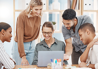 Image showing Laptop, presentation and a business woman talking to her team in the boardroom for planning or strategy. Collaboration, coaching and meeting with a female employee training an employee group at work