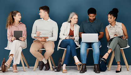 Image showing Hiring, technology and business people for job interview talking for vacancy and opportunity in office. Recruitment, diversity and men and women on phone, tablet and laptop prepare for hr meeting