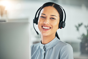 Image showing Call center, headset and portrait of a happy woman at computer for customer service or sales. Smile on face of consultant person at a pc for telemarketing, crm or help desk and contact us support