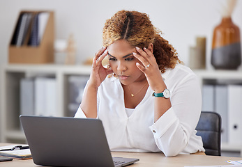 Image showing Headache, stress and business woman on laptop for debt review, financial report or payroll mistake, error or fail. Worried, confused and african person with wrong email or finance problem on computer