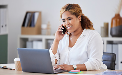 Image showing Online communication, businesswoman on smartphone and laptop at her workstation in office. Networking or connectivity, support or crm and female person with cellphone have conversation at workplace