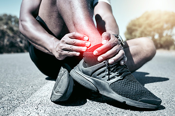 Image showing Fitness, ankle and pain with a sports man holding a joint injury while outdoor for a workout. Exercise, anatomy emergency or accident with a male athlete feeling tender while training for recreation