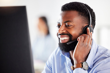 Image showing Black man, face and headset, callcenter and contact us with customer service agent in workplace with smile. CRM, phone call and tech support with telecom, male consultant for help desk at computer