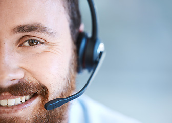 Image showing Happy man, call center and face closeup on mockup for customer service or telemarketing at office. Male person, consultant agent or virtual assistant with smile and headphones for online advice