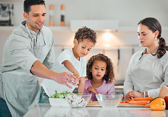 Image showing Cooking, help and support with family in kitchen for health, nutrition and food. Diet, vegetables and dinner with parents and children with meal prep at home for wellness, organic salad and learning