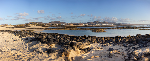 Image showing Panoramic view of El Cotillo city in Fuerteventura, Canary Islands, Spain. Scenic colorful traditional villages of Fuerteventura, El Cotillo in northen part of island. Canary islands of Spain