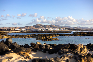 Image showing Panoramic view of El Cotillo city in Fuerteventura, Canary Islands, Spain. Scenic colorful traditional villages of Fuerteventura, El Cotillo in northen part of island. Canary islands of Spain