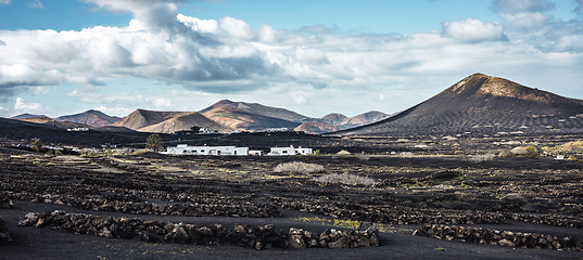 Image showing Traditional white houses in black volcanic landscape of La Geria wine growing region with view of Timanfaya National Park in Lanzarote. Touristic attraction in Lanzarote island, Canary Islands, Spain.