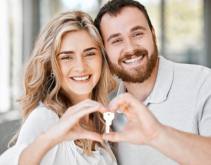 Image showing New home, couple and hand heart with key for moving, love and mortgage celebration portrait. Happiness, emoji and excited hands sign with house and real estate keys together with property support