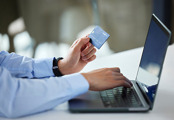 Image showing Credit card, laptop and business person hands of online shopping, financial payment and banking or loan in office. Professional people typing numbers on computer, digital registration, web or fintech