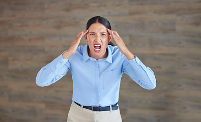 Image showing Anger, screaming and portrait of business woman for frustrated, failure or crisis. Mental health, stress and angry female employee shouting on wall background for anxiety, mistake or rage mockup