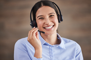Image showing Portrait, call center and happy woman with headset for telemarketing, calls and working in communication or crm office. Agent, smile and customer service worker to help, support and consulting advice