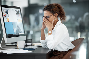 Image showing Business woman with headache, stress with pain and mental health with professional crisis and fatigue at office. Problem in workplace, fail and female employee is frustrated with migraine and burnout