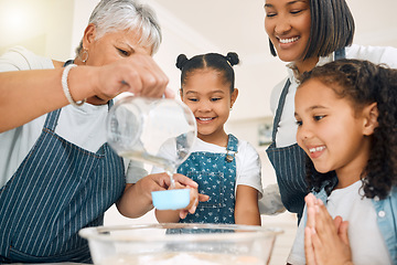 Image showing Grandmother, mom or happy children baking in kitchen as a happy family with siblings learning cookies recipe. Mixing cake, development or grandma smiling or teaching excited kids to bake with flour