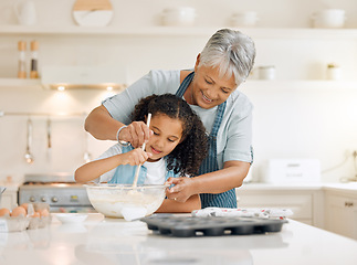 Image showing Bake, girl and grandmother teaching skills, love or learning with growth, happiness or child development with utensils, food and home. Family, grandma and female grandchild in a kitchen with dough