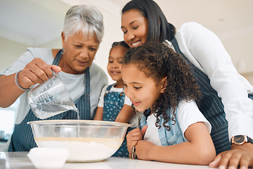 Image showing Grandmother, mom or children in kitchen to bake as a happy family with siblings learning cookies recipe. Mixing cake, development or grandma smiling or teaching young kids baking by pouring water