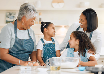 Image showing Grandmother, mom or happy kids baking in kitchen in a family home with siblings learning cooking skills. Cake, woman laughing or grandma smiling, talking or teaching young children to bake together