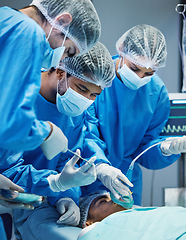 Image showing Group of doctors in surgery, medicine and surgical procedure start with PPE and team in theatre in hospital. Medical operation, health insurance and safety gear with surgeon people and healthcare