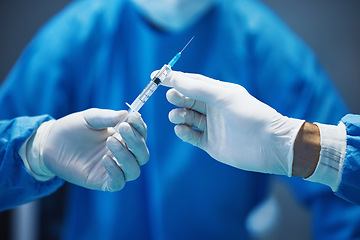 Image showing Surgery, nurse hands doctor syringe with medicine and surgical procedure, closeup and healthcare in hospital. Health insurance, needle and injection with drugs and surgeon people in operating room