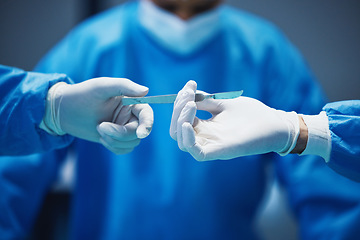 Image showing Surgery, nurse hands doctor scalpel with medicine and surgical procedure, closeup and healthcare in hospital. Health insurance, medical tools and help with surgeon people in operating room at clinic