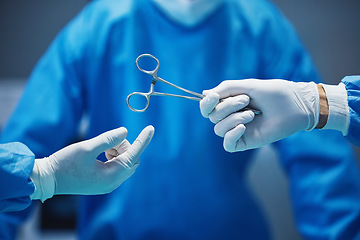 Image showing Surgery, nurse hands doctor scissors with medicine and surgical procedure, closeup and healthcare in hospital. Health insurance, medical tools and help with surgeon people in operating room at clinic