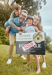 Image showing Parents, kids and property with sold sign, portrait and smile for new home, start and investment for future. Father, mother and boy children with sale poster, real estate investing and family house