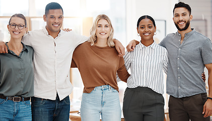 Image showing Group, diversity and happy portrait in business, office or success in company teamwork. Smile, people and creative team working together or startup agency for graphic design, project or collaboration