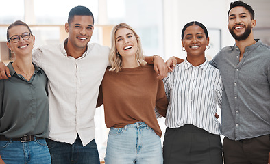 Image showing Diversity, group and happy portrait in business, office or success in company teamwork. Smile, people and creative team working together or startup agency for graphic design, project or collaboration