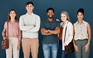 Image showing Hiring, row and portrait of business people for job interview, vacancy and career opportunity in office. Corporate, diversity and men and women candidates for hr meeting, recruitment and employment