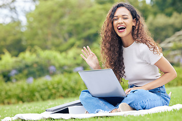 Image showing College, laptop and portrait of woman in park for education, relax and research study. Elearning, university and scholarship with student on grass lawn for technology, school report and online exam