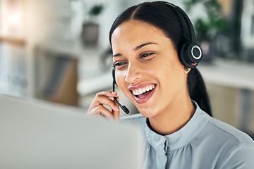 Image showing Call center, face and a happy woman with a microphone at computer for customer service or sales. Smile of a person talking at a pc with a headset as telemarketing, crm support or help desk consultant