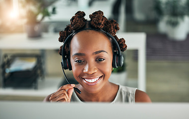 Image showing Face, call center and a happy woman with a microphone at computer for customer service or sales. Smile of a black person at a pc with a headset as telemarketing, crm support or help desk consultant