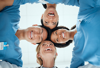 Image showing Smile, teamwork or faces of doctors in huddle laughing in collaboration together for healthcare goals. Low angle, funny team building or happy medical nurses with group support, motivation or mission