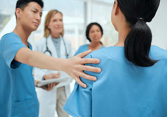 Image showing Teamwork, support or doctors with empathy in meeting comforting a depressed person in therapy group. Depression, nurses or surgeons helping or speaking of healthcare advice or listening to sad woman