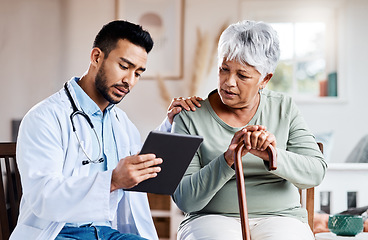 Image showing Tablet, worried doctor and senior woman with disability and medical results, health advice or hospital service. Elderly patient, healthcare people and walking stick for sad news on digital technology