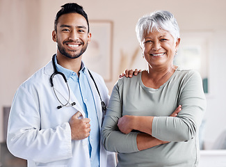 Image showing Happy portrait, doctor and senior patient for healthcare, retirement wellness and hospital service. Smile, face and Biracial elderly woman with medical professional, worker or asian person for health