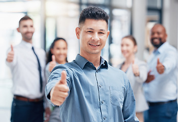 Image showing Smile, thumbs up and business people in portrait at startup with confidence, pride and project management company. Teamwork, commitment and vision, happy team with yes hand sign in corporate office.