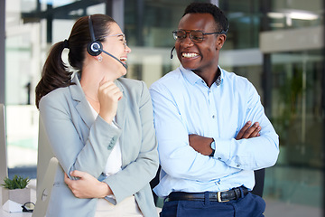 Image showing Man, woman, call center friends and laugh together with comic conversation, joke or chat with diversity. Agent team building, funny talk and telemarketing job with consulting, crm or customer service