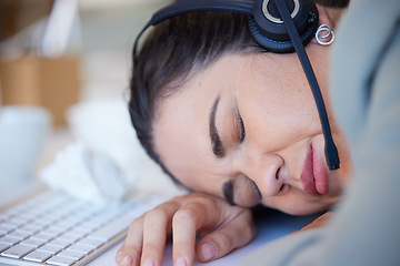 Image showing Woman, sleeping and tired at the call center desk, office or working late in customer support, service or consulting. Sleep, rest and burnout in telemarketing, crm or sales job and mental health