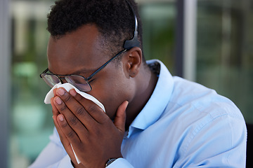 Image showing Call center, business and black man with a tissue, sneeze and flu with allergies, telemarketing and health issue. Male person, consultant and agent with illness, sick and virus with medical symptoms